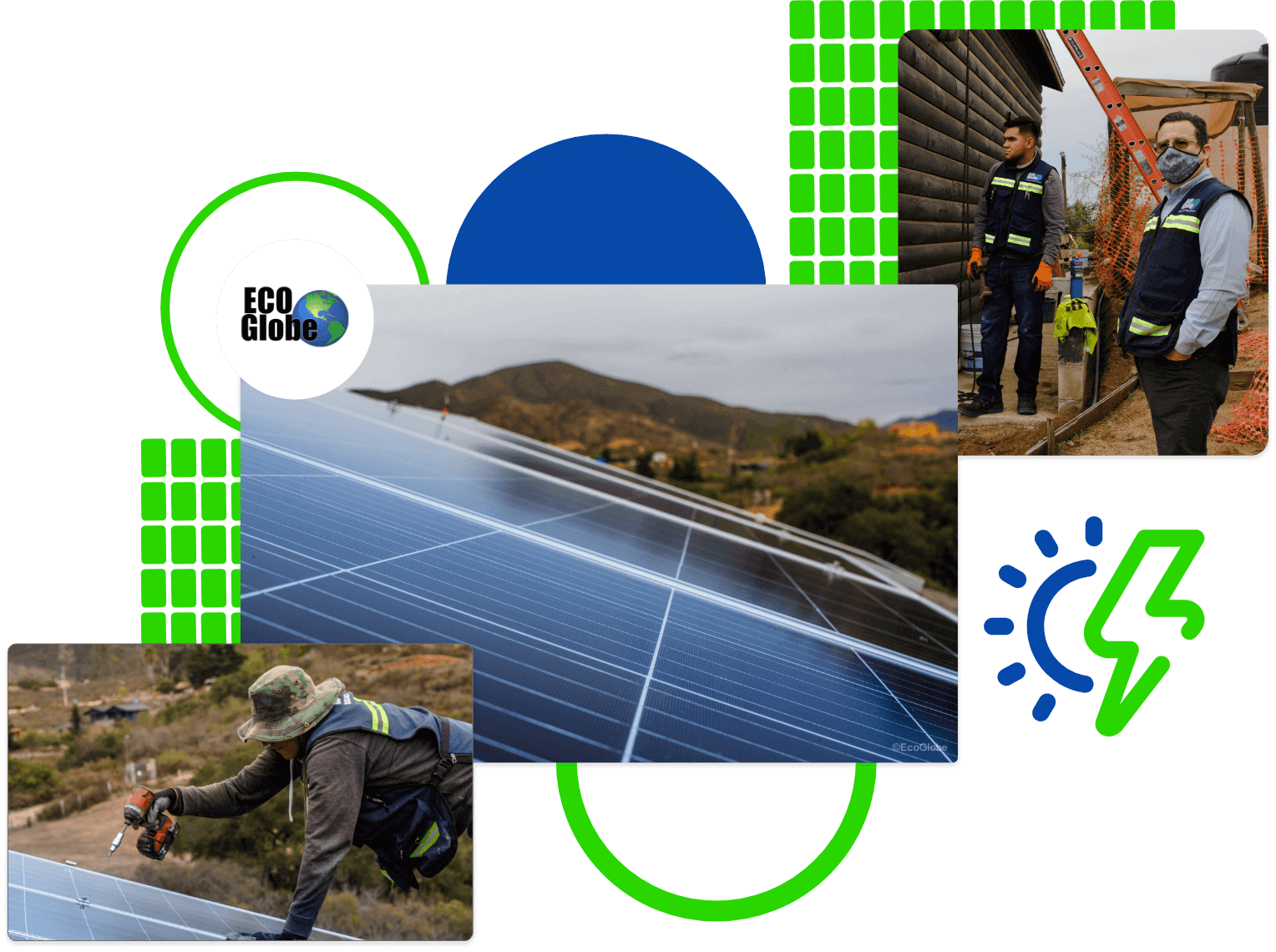 Equipo de Ecoglobe frente a instalación de paneles solares